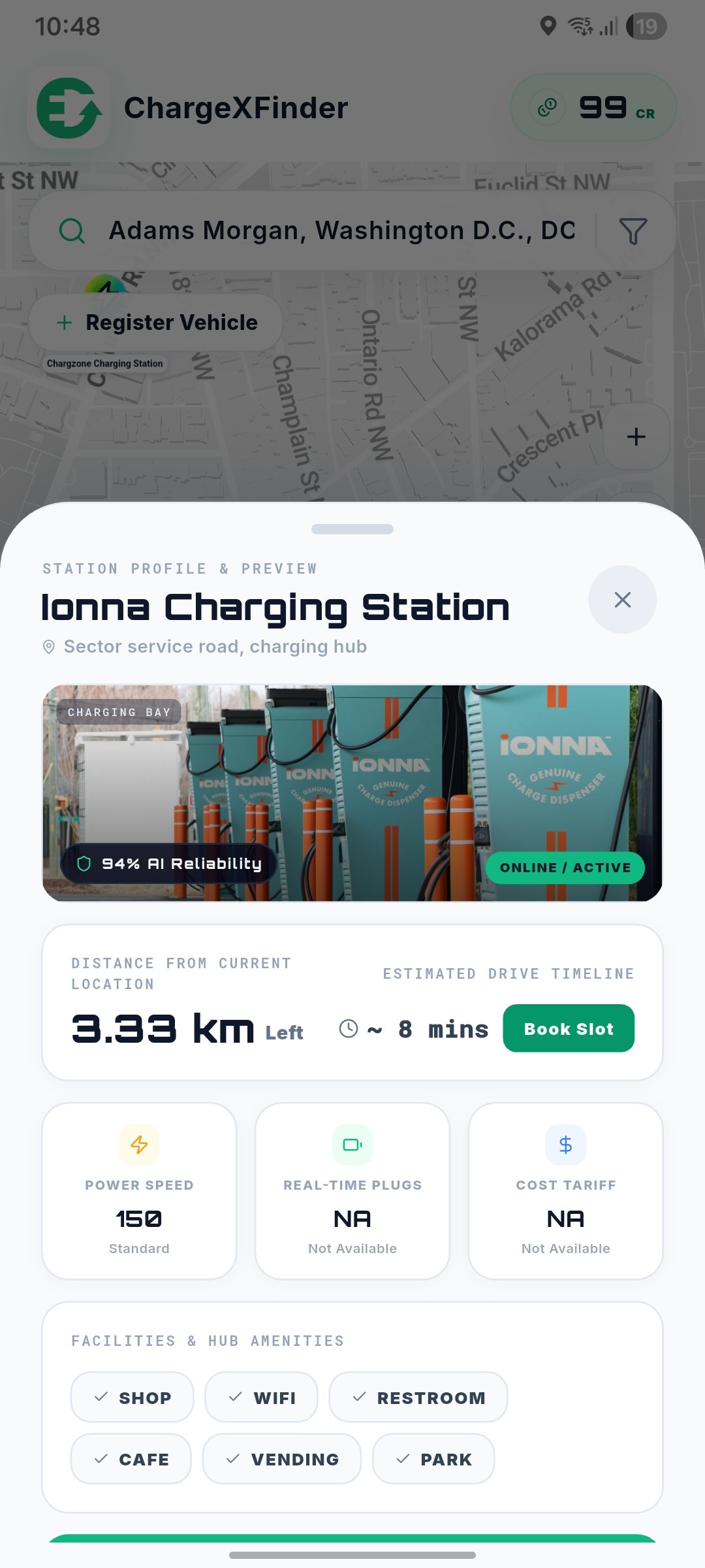 ChargeXFinder App - Detailed EV charging station profile with real-time slot availability