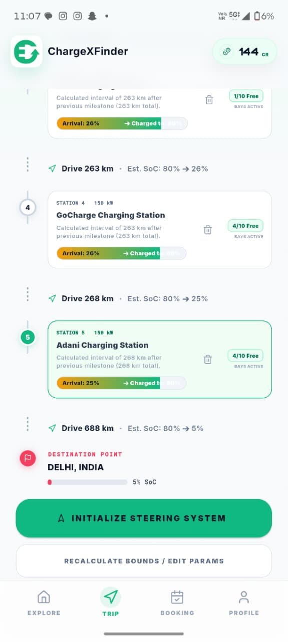 ChargeXFinder App - AI EV Route Planner and EV Trip Planner interface with instant slot booking